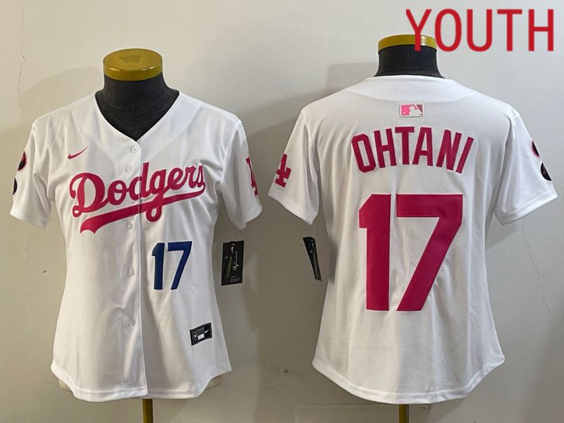 Youth Los Angeles Dodgers #17 Ohtani White pink Game 2024 Nike MLB Jersey style 1->youth mlb jersey->Youth Jersey